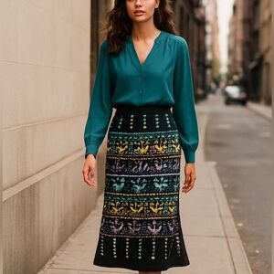 Artisan Embroidered Folk Maxi Skirt  Peacock Motif – Boho Festival Style Small